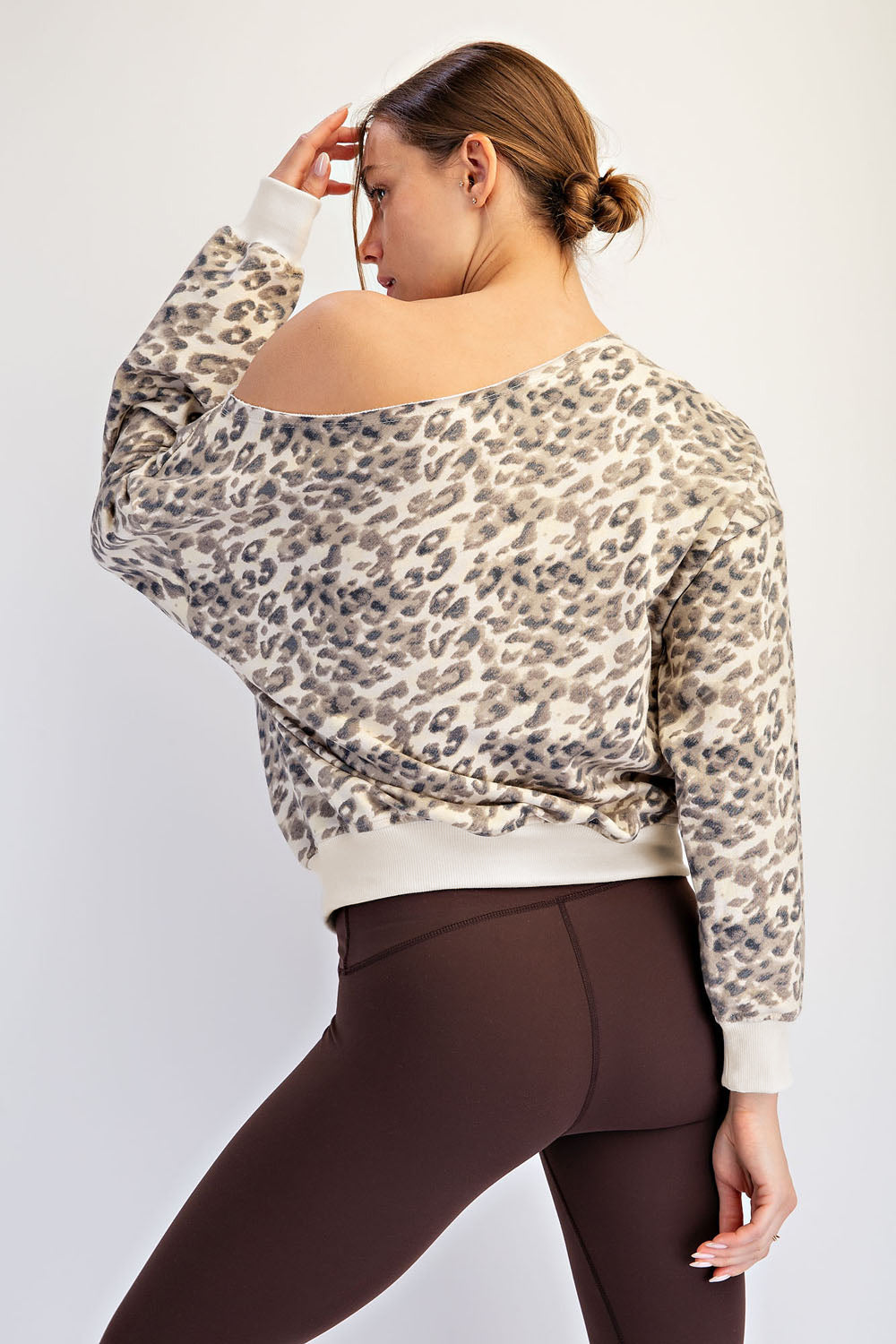 Animal Print French Terry Fleece Off- Shoulder Top