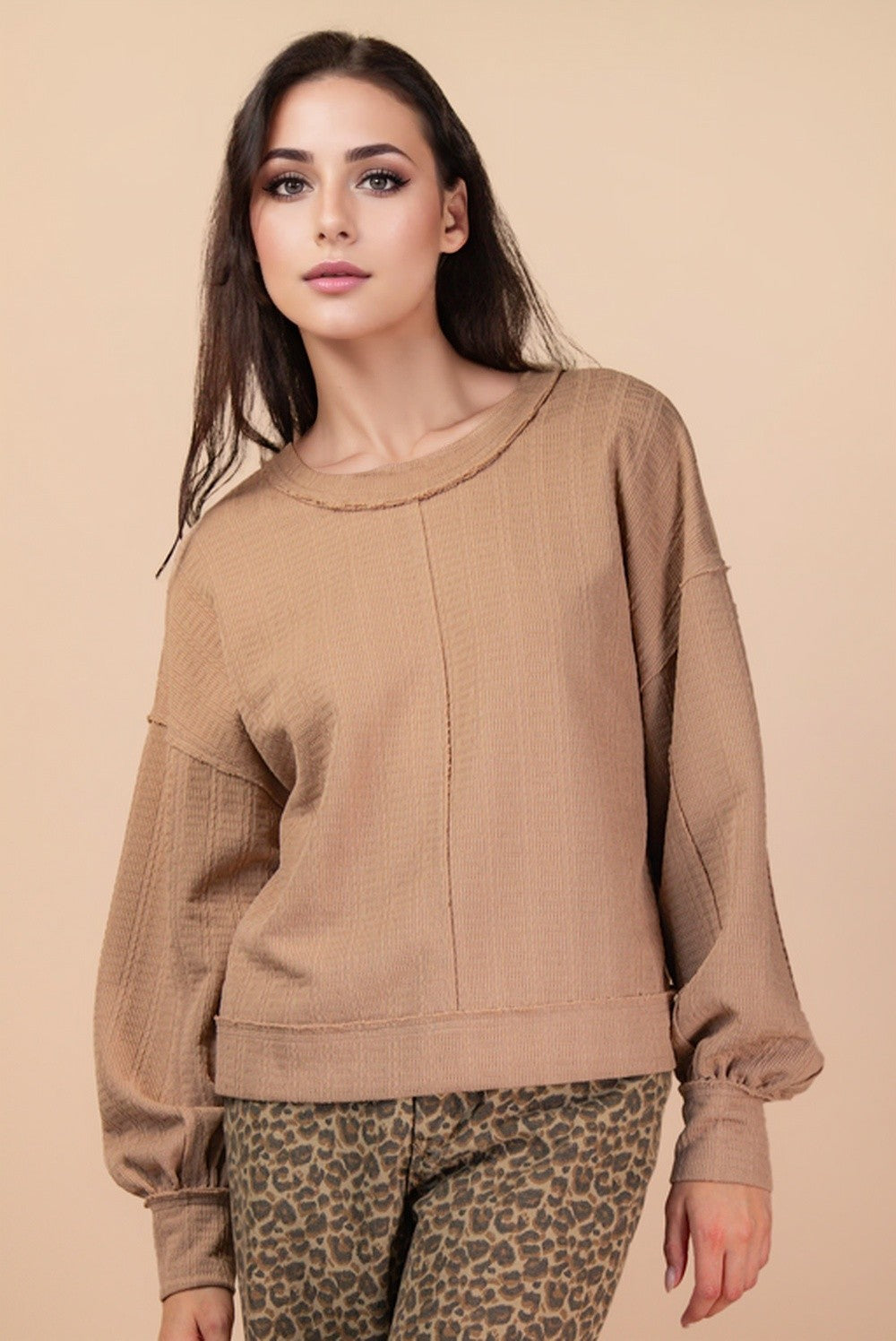 Plus-Size Raw Edge Detail Textured Knit Top