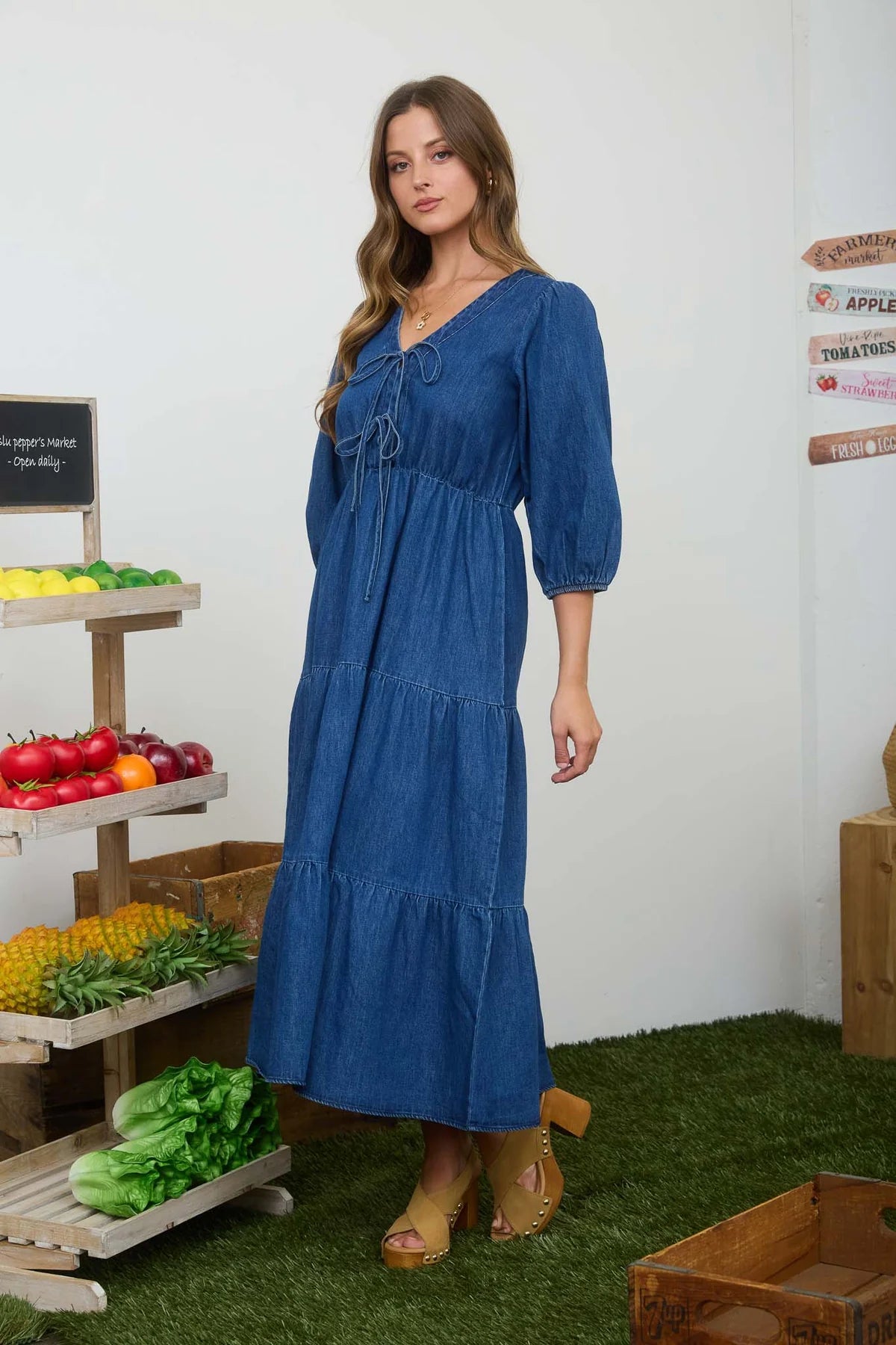 Front Tie Tiered Midi Denim Dress