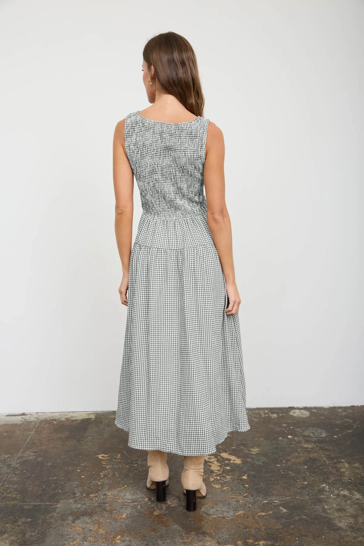 Hunter Green Gingham Smocked Midi Dress