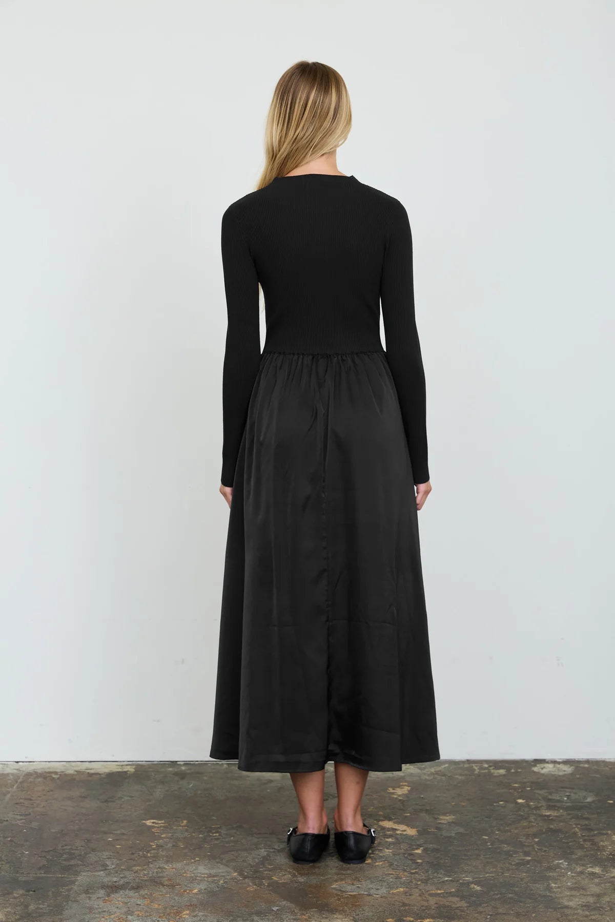 Black Ribbed Knit and Satin Maxi Dress