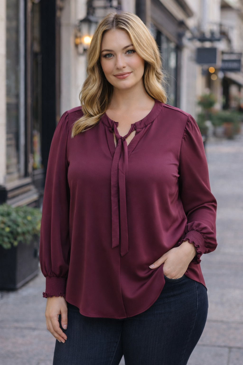 Plus Necktie LS Smocked Cuff Top