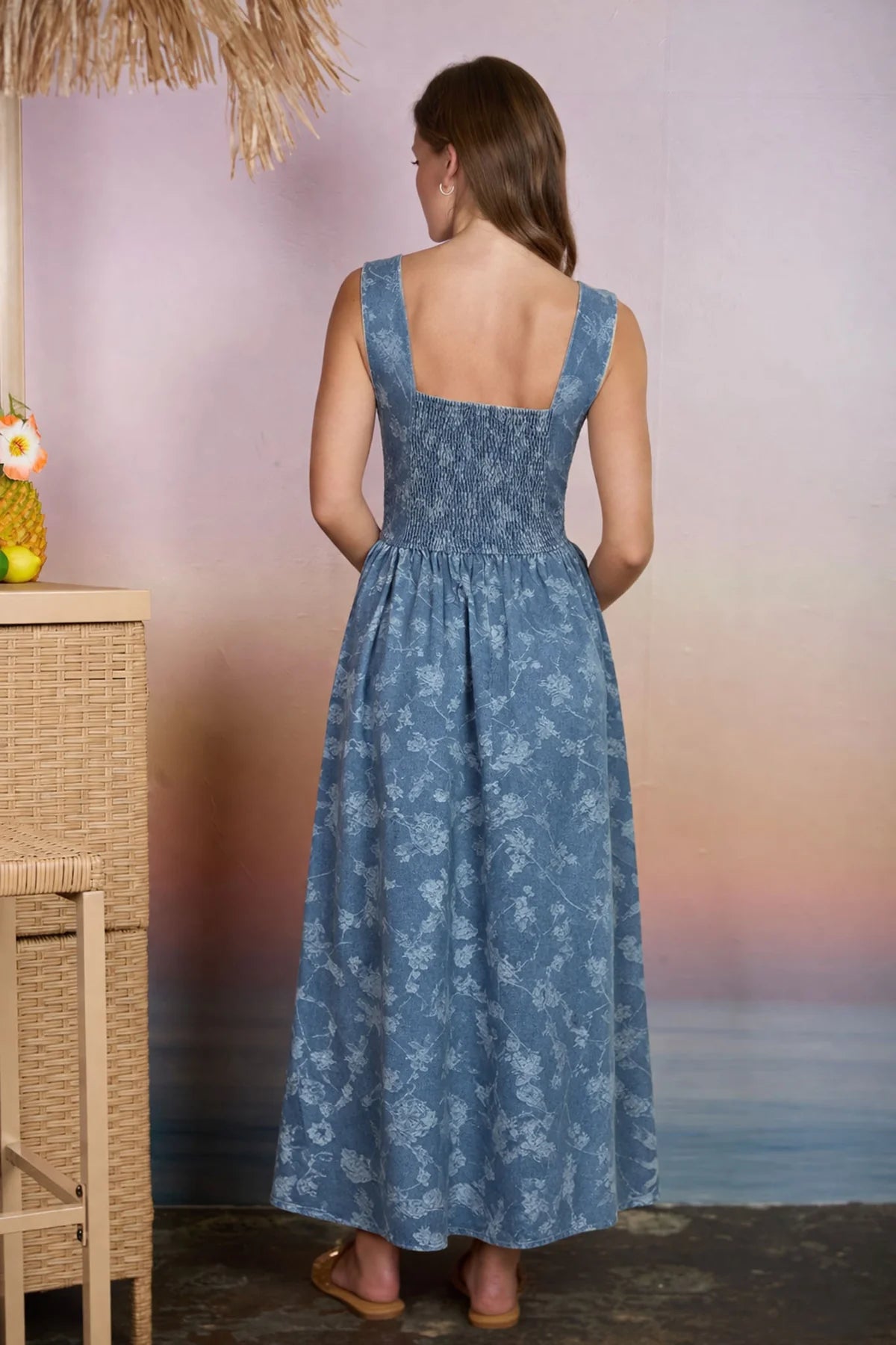 Floral Corset Denim Midi Dress