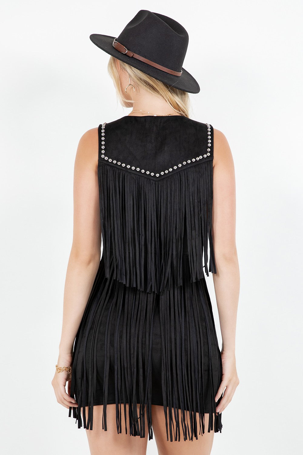 Black Stud Detail Fringed Dress
