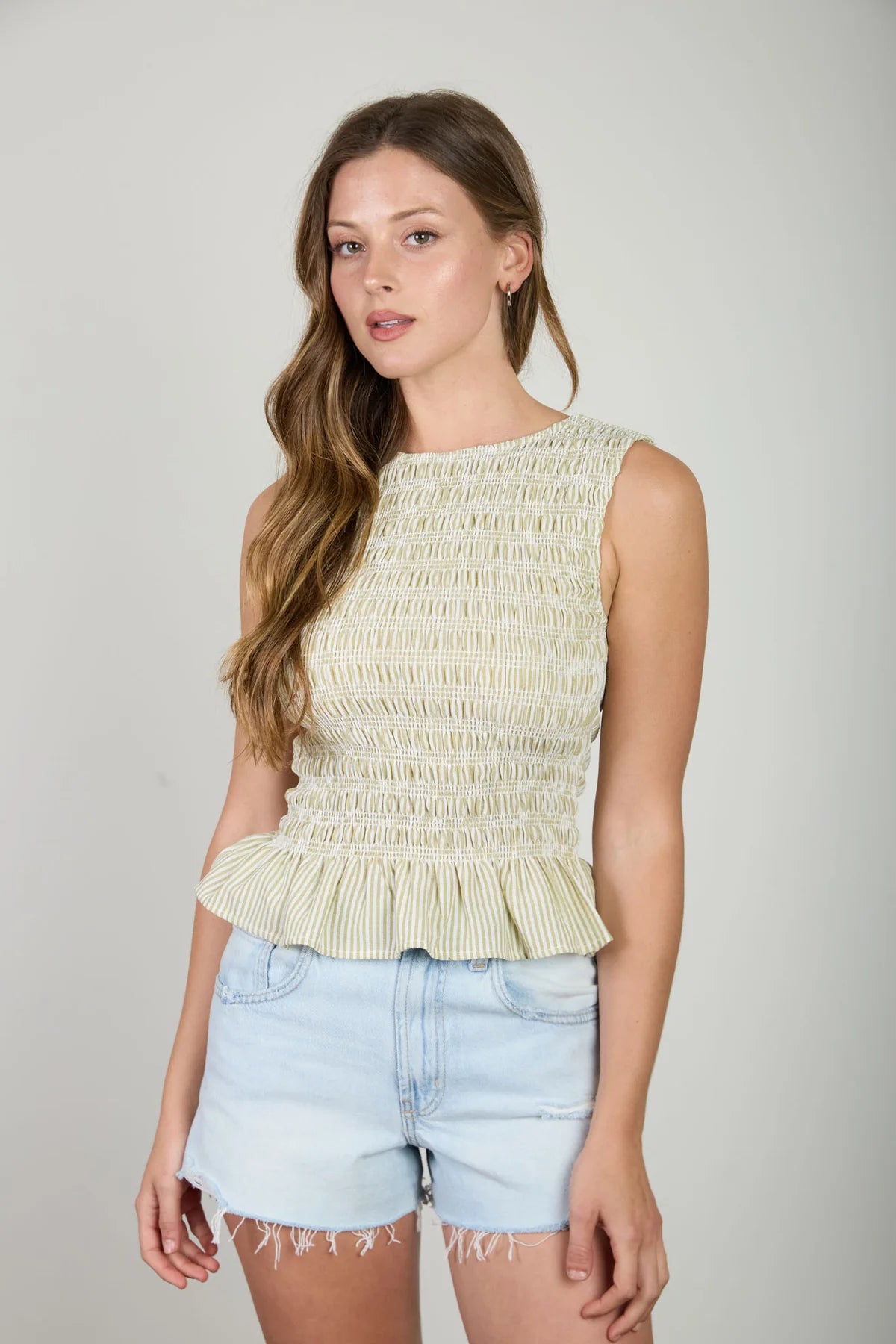 Sage Stripe Smocked Peplum Top