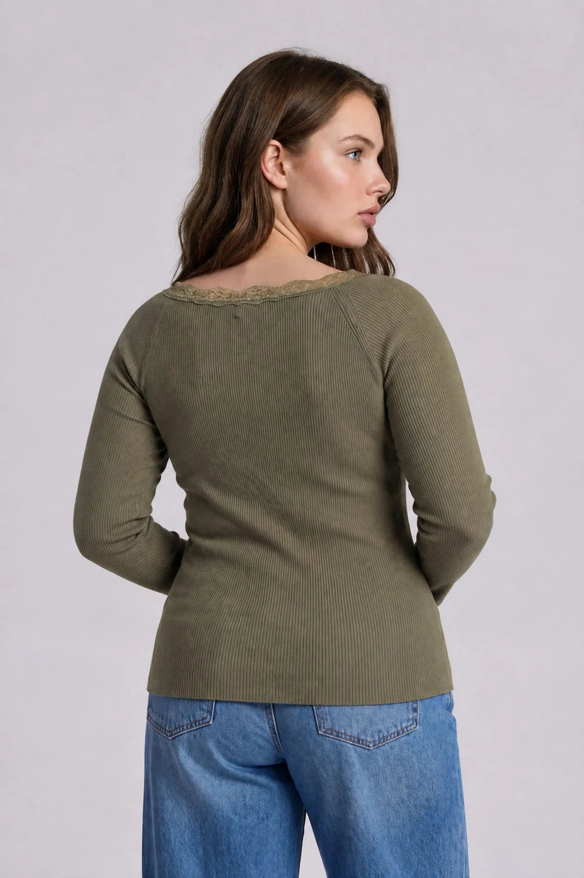 Olive Ribbed Lace-Trim Henley Top