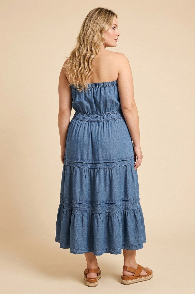 Pleated Chambray Tube Top Dress Plus