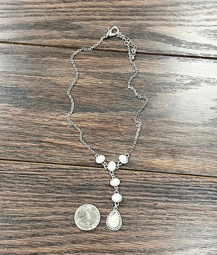 White Stone Teardrop Lariat Necklace