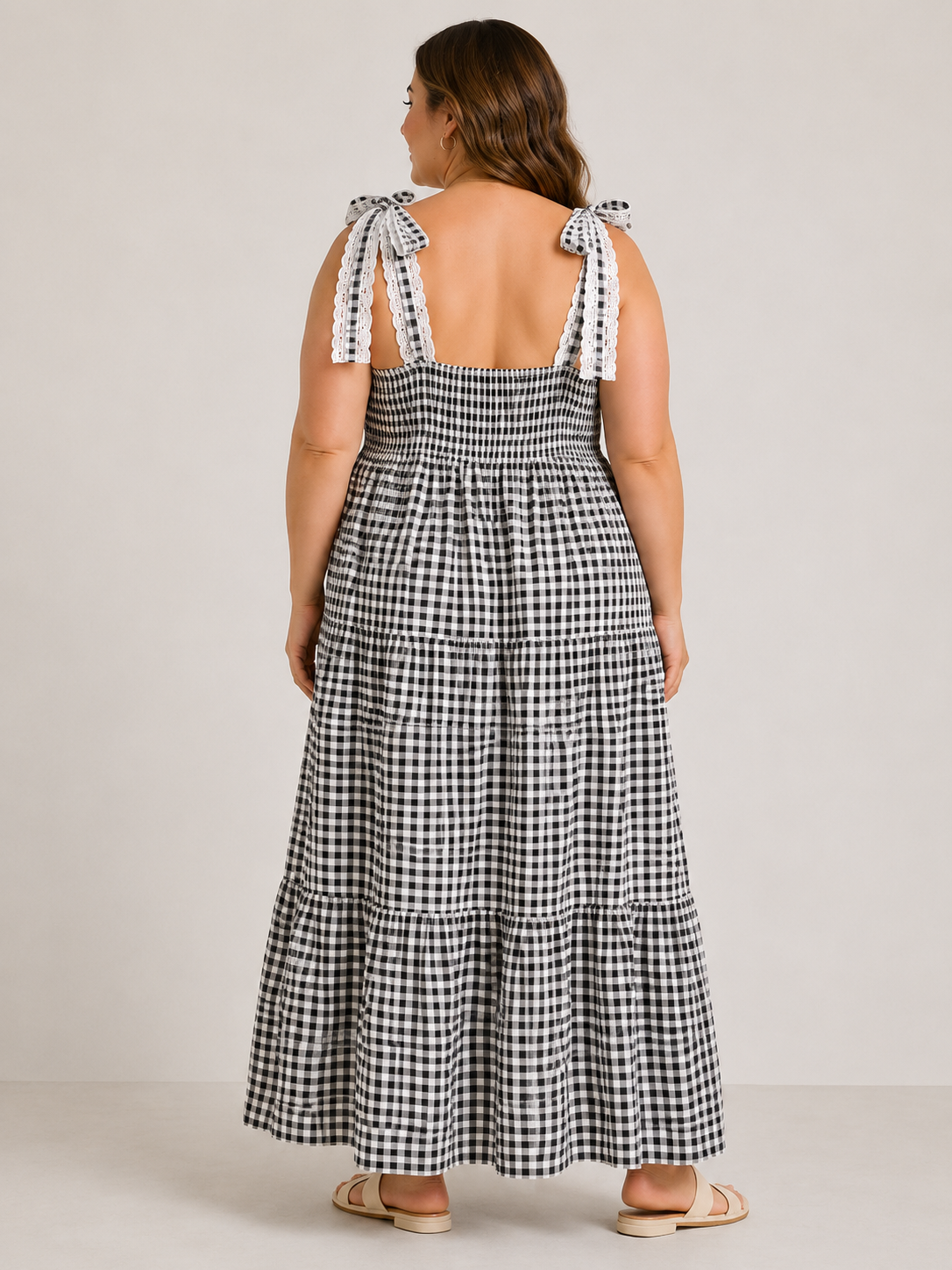 Black Gingham Lace-Trim Maxi Dress Plus