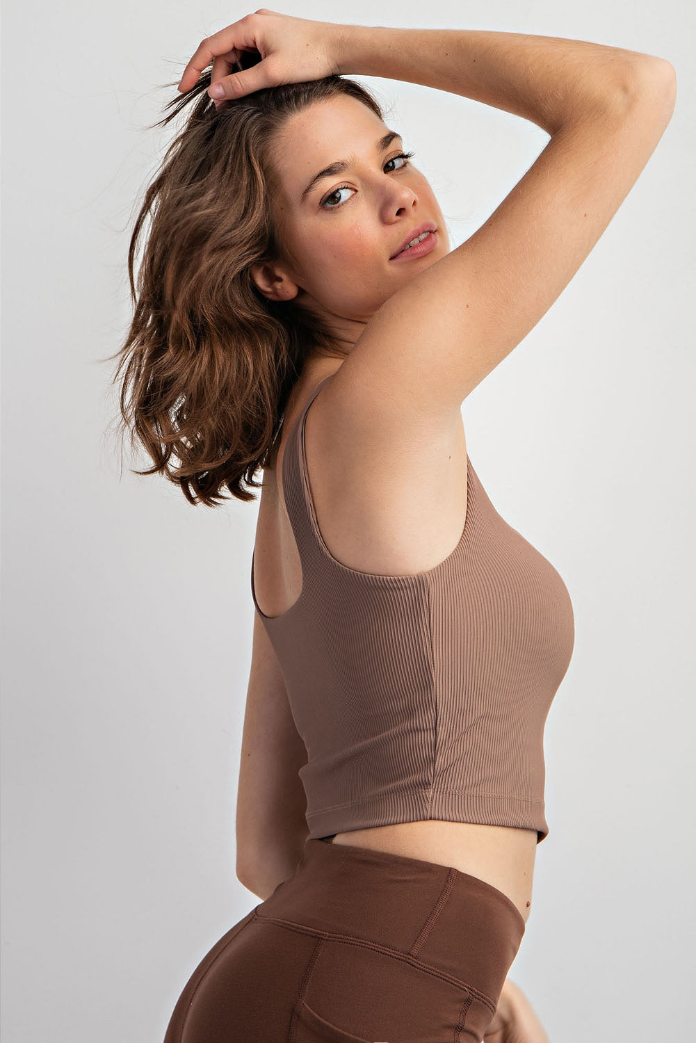 Dark Mocha RIB SQUARE NECK SLEEVELESS CROP TOP