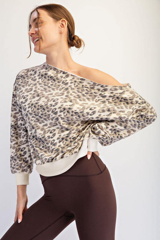 Animal Print French Terry Fleece Off- Shoulder Top