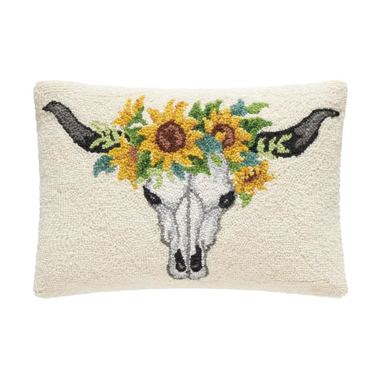 Sunflower Longhorn Hooked Pillow