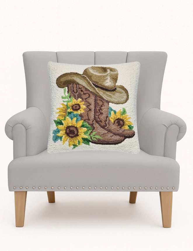 Sunflower Cowgirl Hooked Pillow
