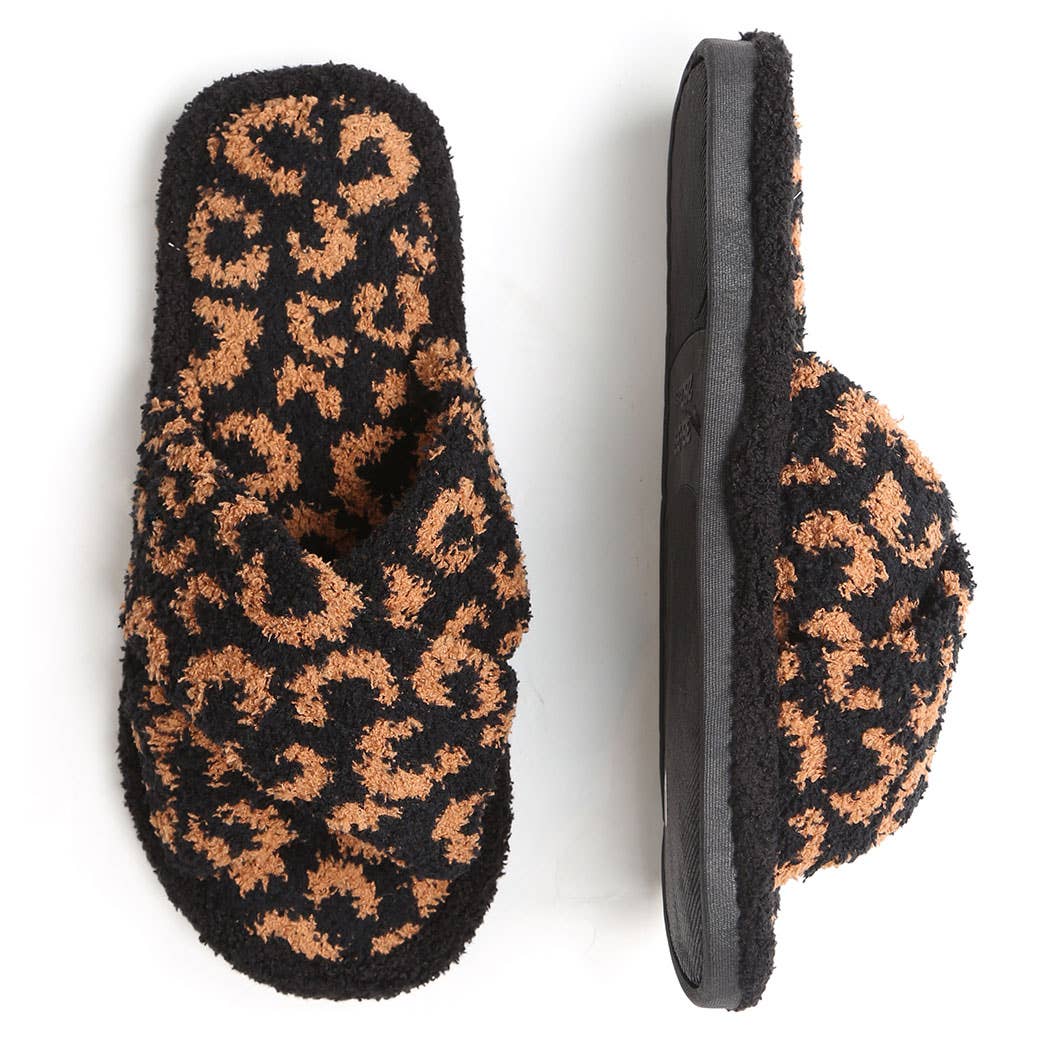 Leopard Print Fuzzy Cross-Strap Slipper