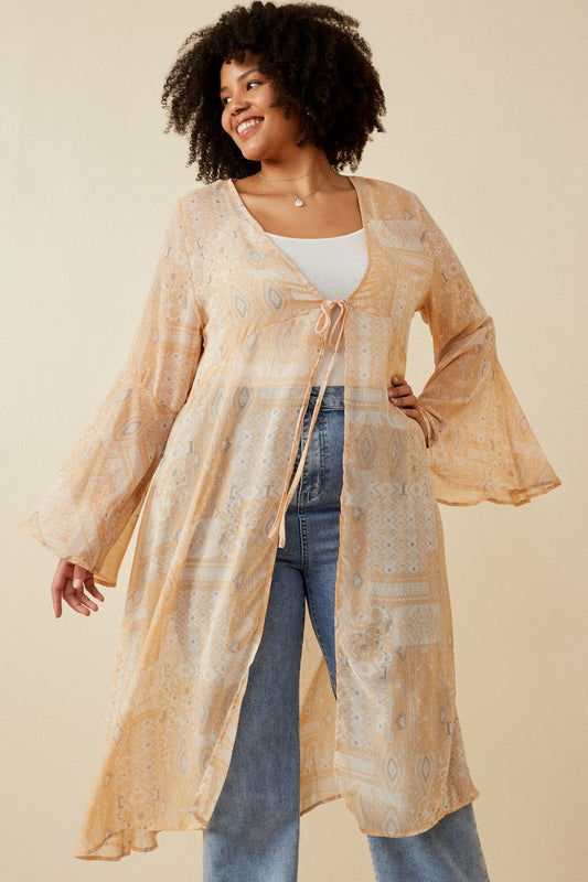 Plus Size Boho Print Bell Sleeve Duster