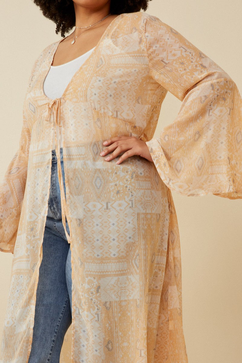 Plus Size Boho Print Bell Sleeve Duster