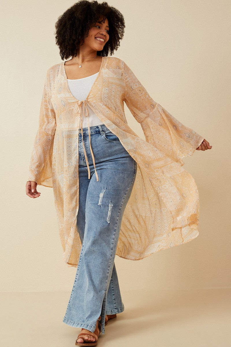 Plus Size Boho Print Bell Sleeve Duster