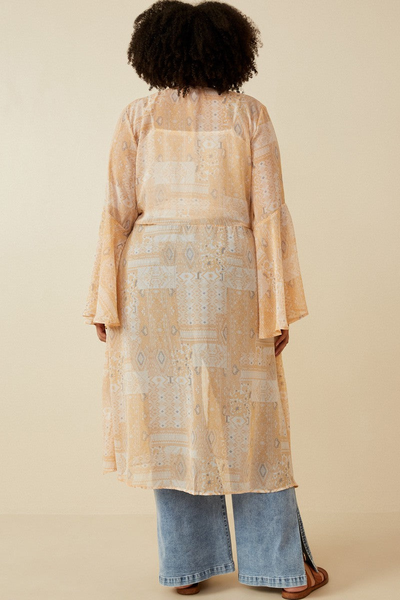 Plus Size Boho Print Bell Sleeve Duster
