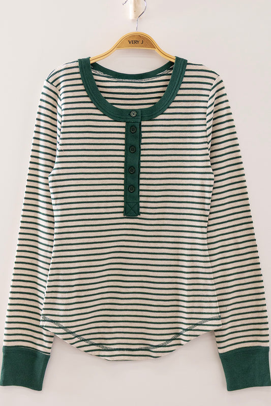 Women’s Forest Green Striped Waffle Knit Henley Top