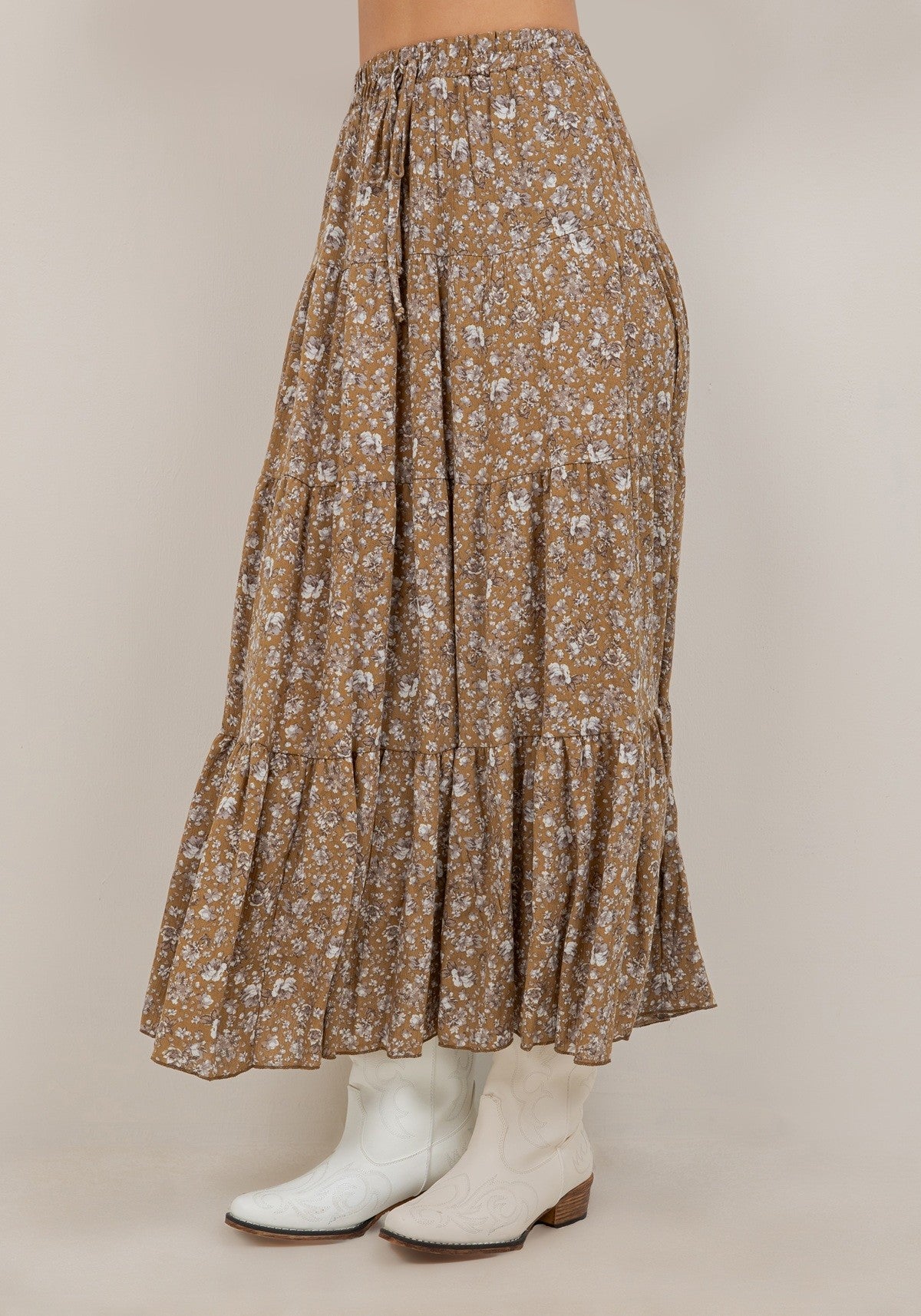 Mustard Floral Tiered Maxi Skirt w/Pockets