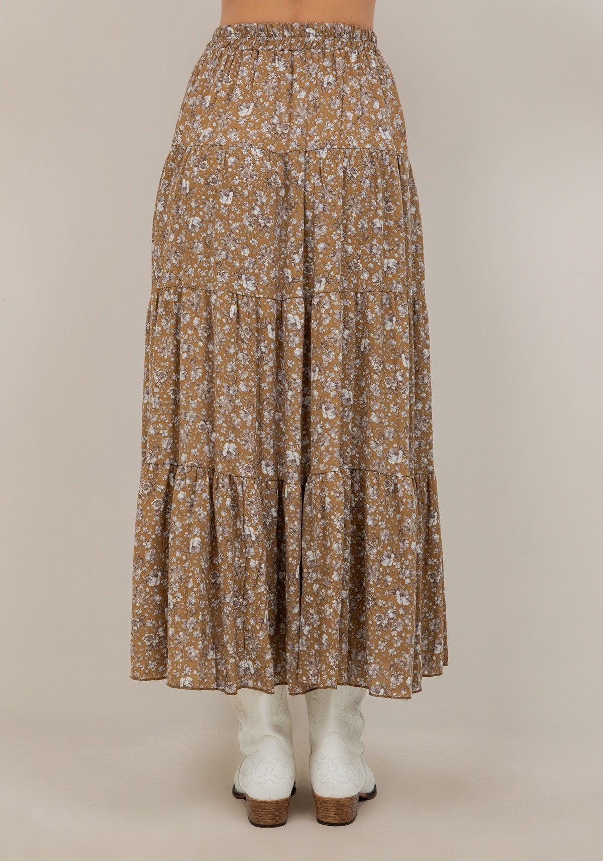 Mustard Floral Tiered Maxi Skirt w/Pockets
