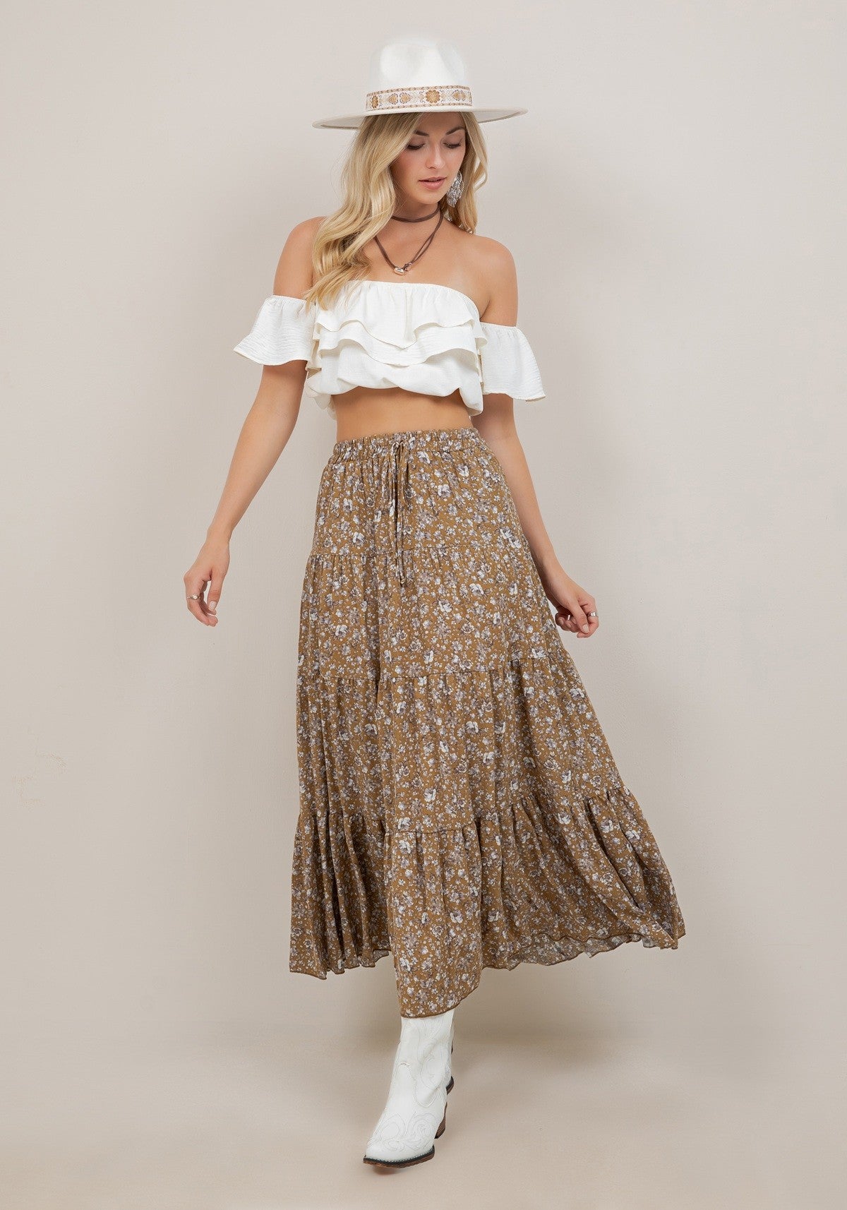 Mustard Floral Tiered Maxi Skirt w/Pockets