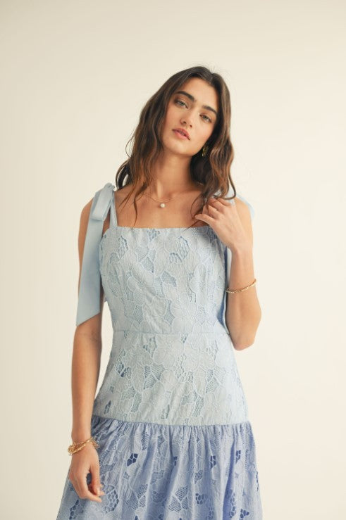 Blue Shoulder Tie Ruffle Bottom Color Block Midi Dress