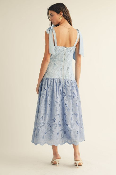 Blue Shoulder Tie Ruffle Bottom Color Block Midi Dress