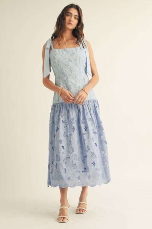 Blue Shoulder Tie Ruffle Bottom Color Block Midi Dress