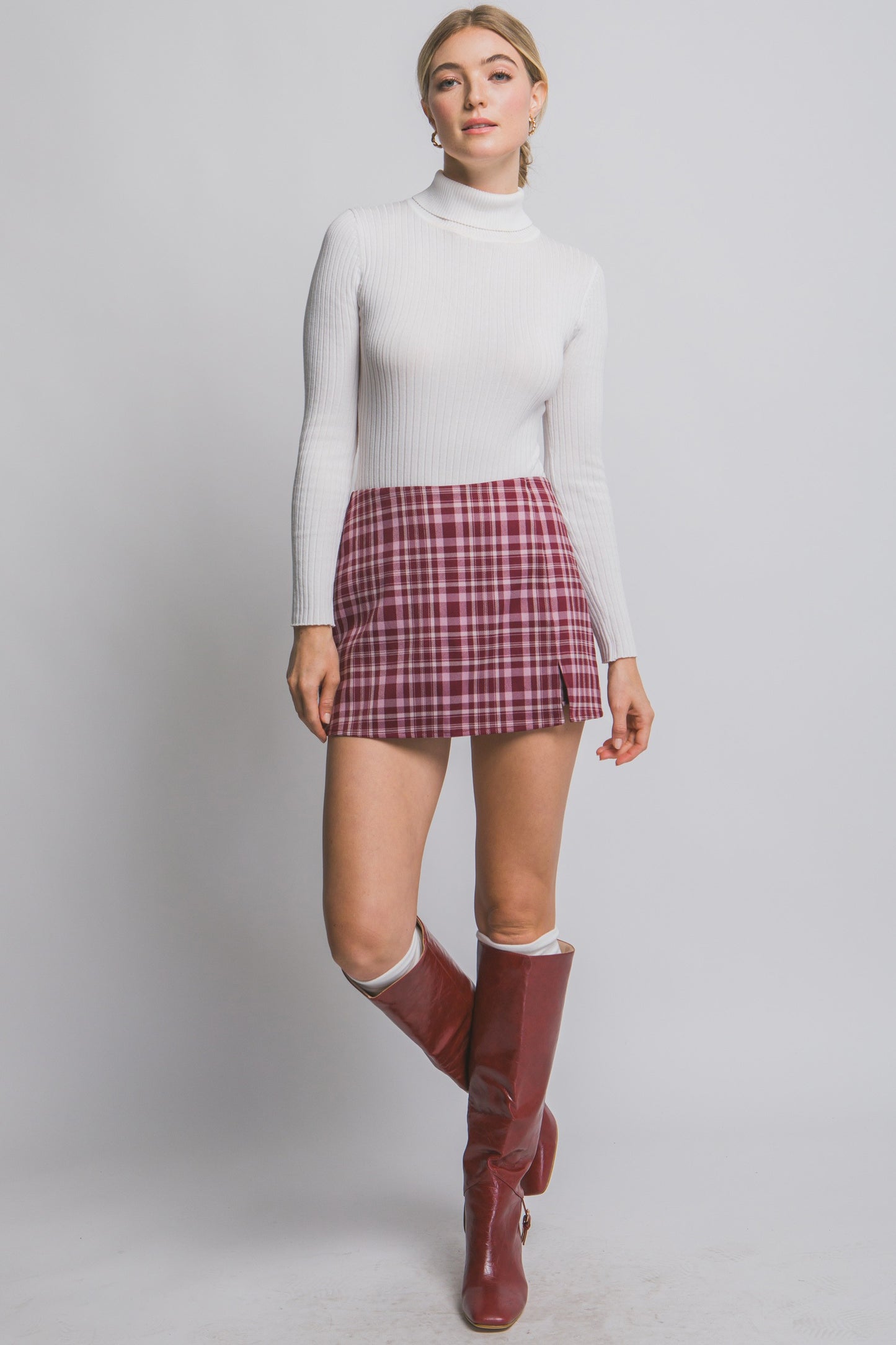 Split Front Plaid Mini Skort