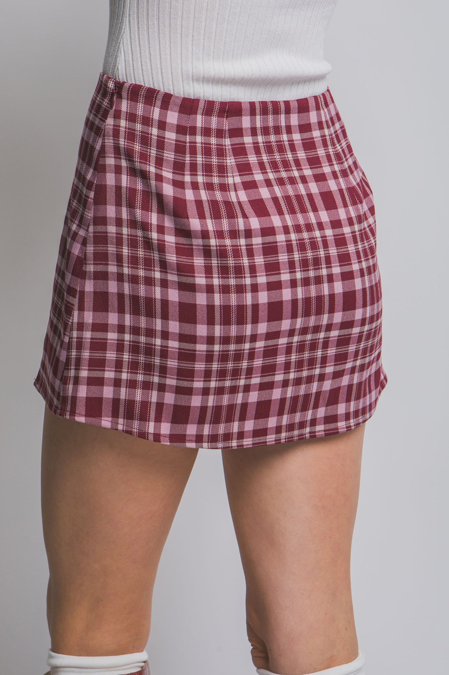 Split Front Plaid Mini Skort