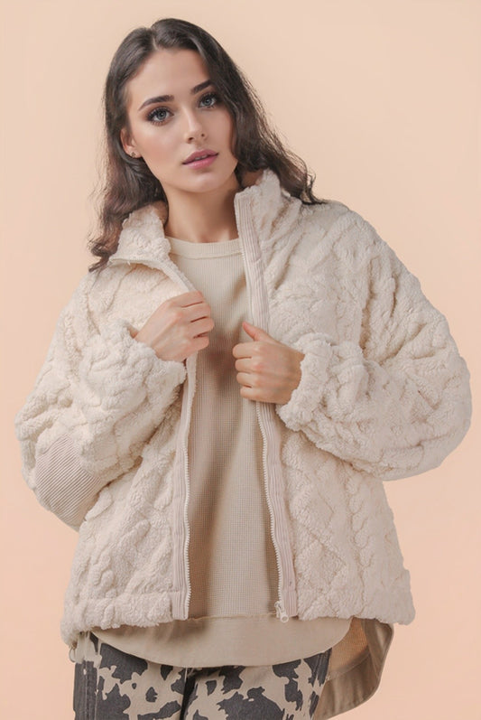 Plus-Size Fuzzy Fleece Cozy Cable Pattern Zip Up Jacket