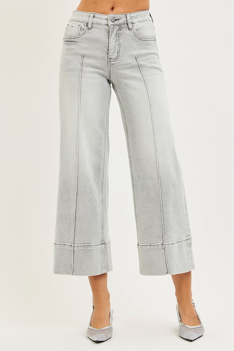 Risen Mid Rise Crop Wide Pintuck Front Jeans