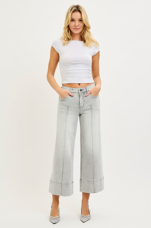 Risen Mid Rise Crop Wide Pintuck Front Jeans