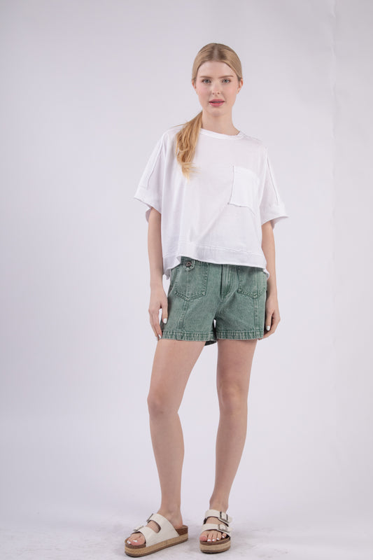 High Waist Washed Green Jean Cargo Shorts