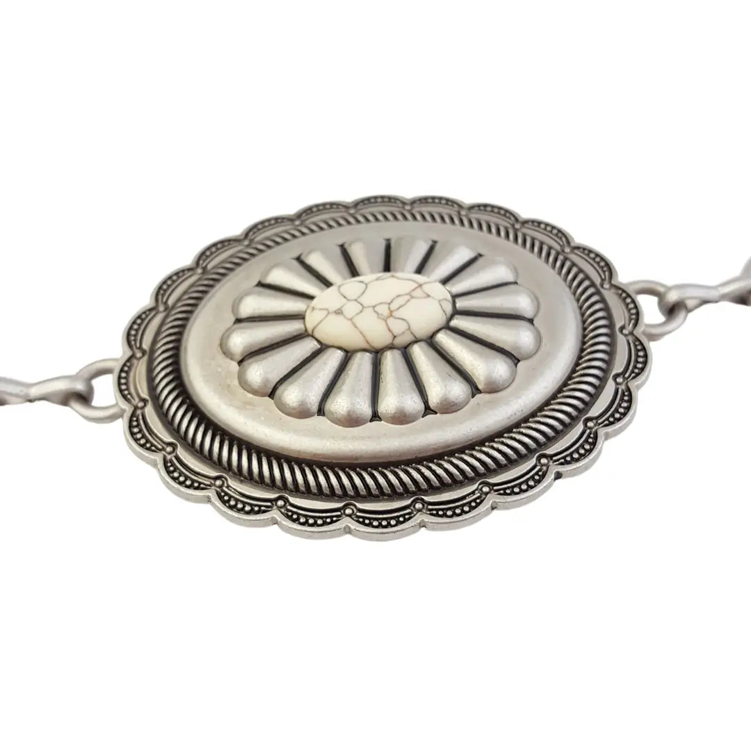 Silver Western Concho Chain Belt with White Stone Accents