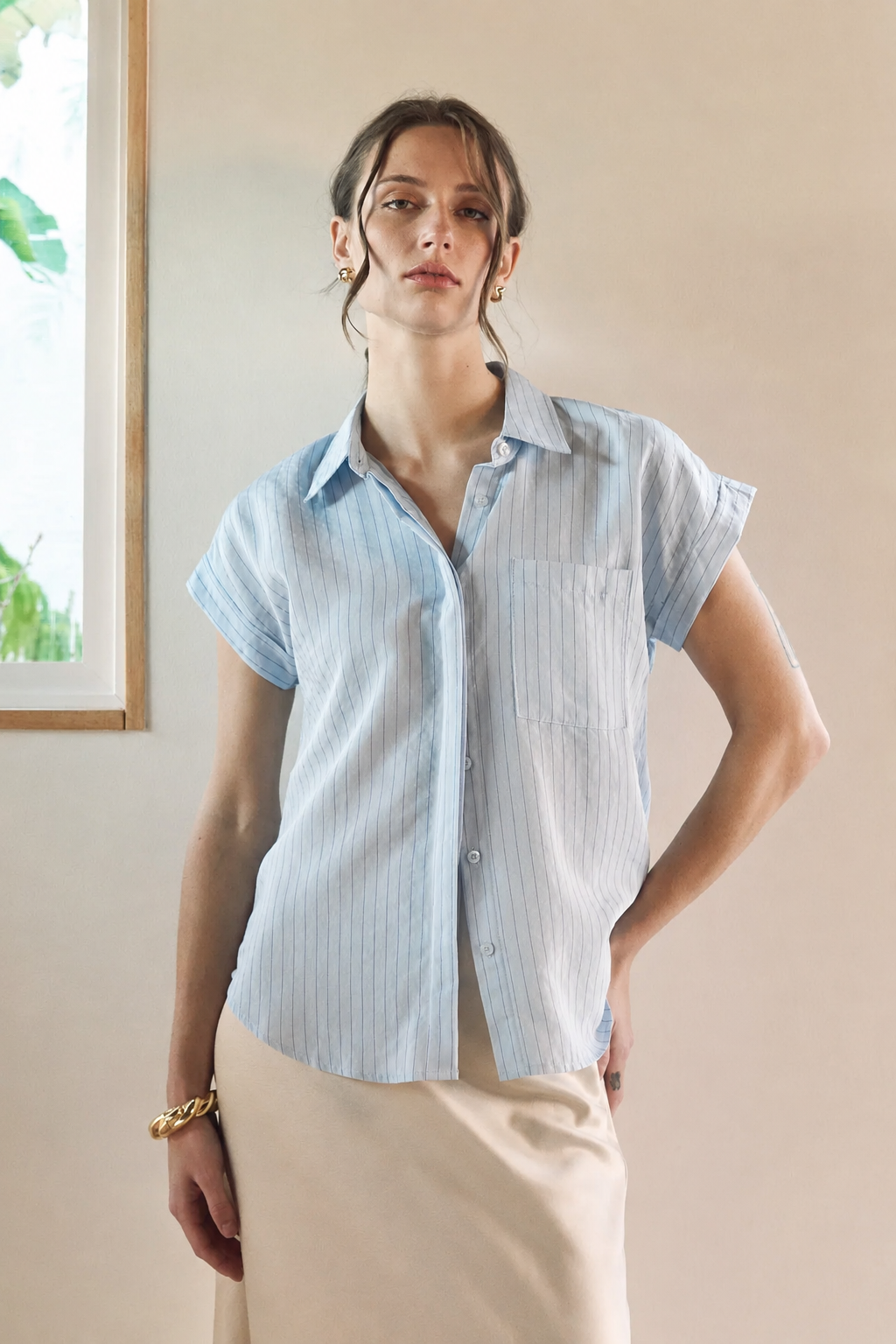 Blue Pinstripe Collard Blouse