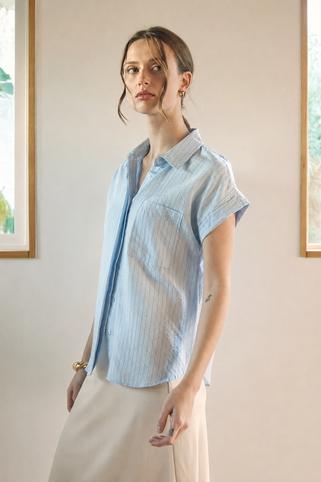 Blue Pinstripe Collard Blouse
