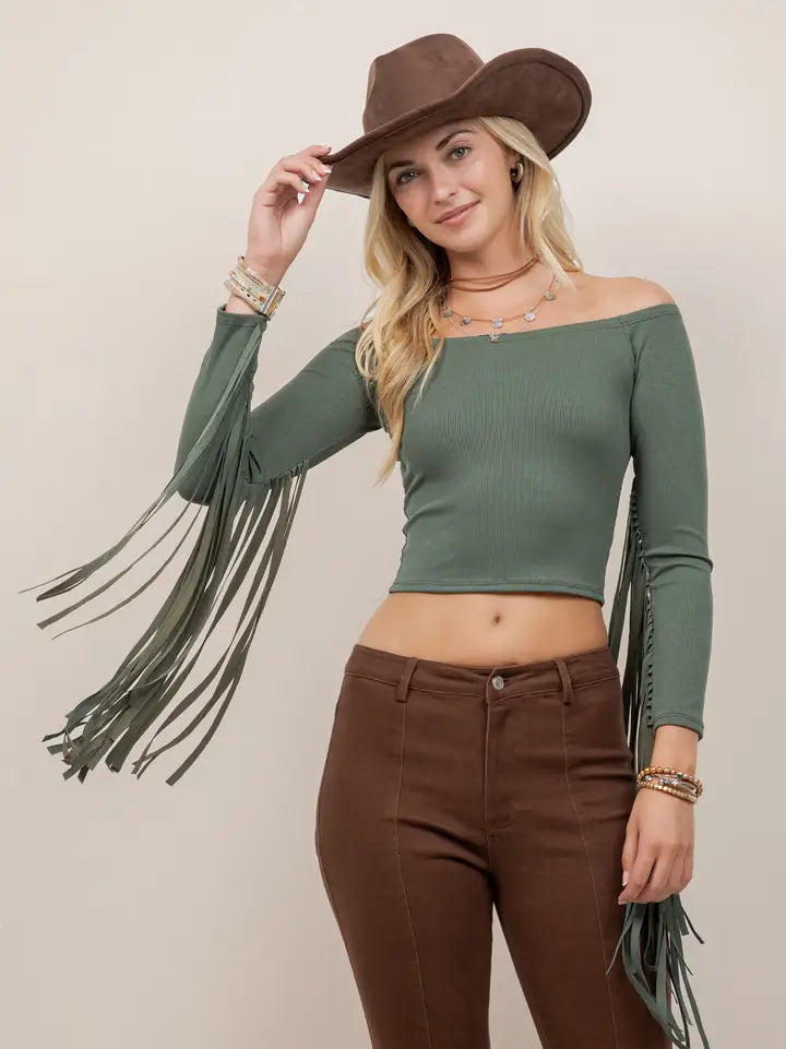 Forest Green/Black Fringe Sleeve Off The Shoulder Top