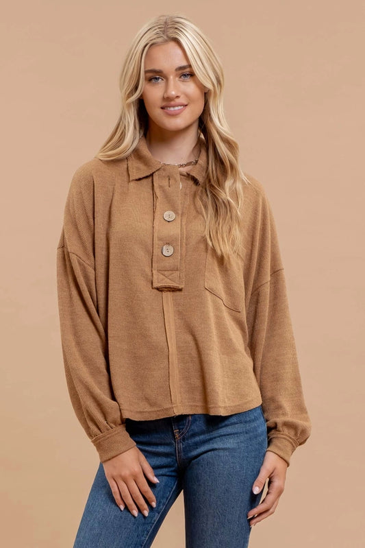 Collared Raw Edge Knit Top In Almond