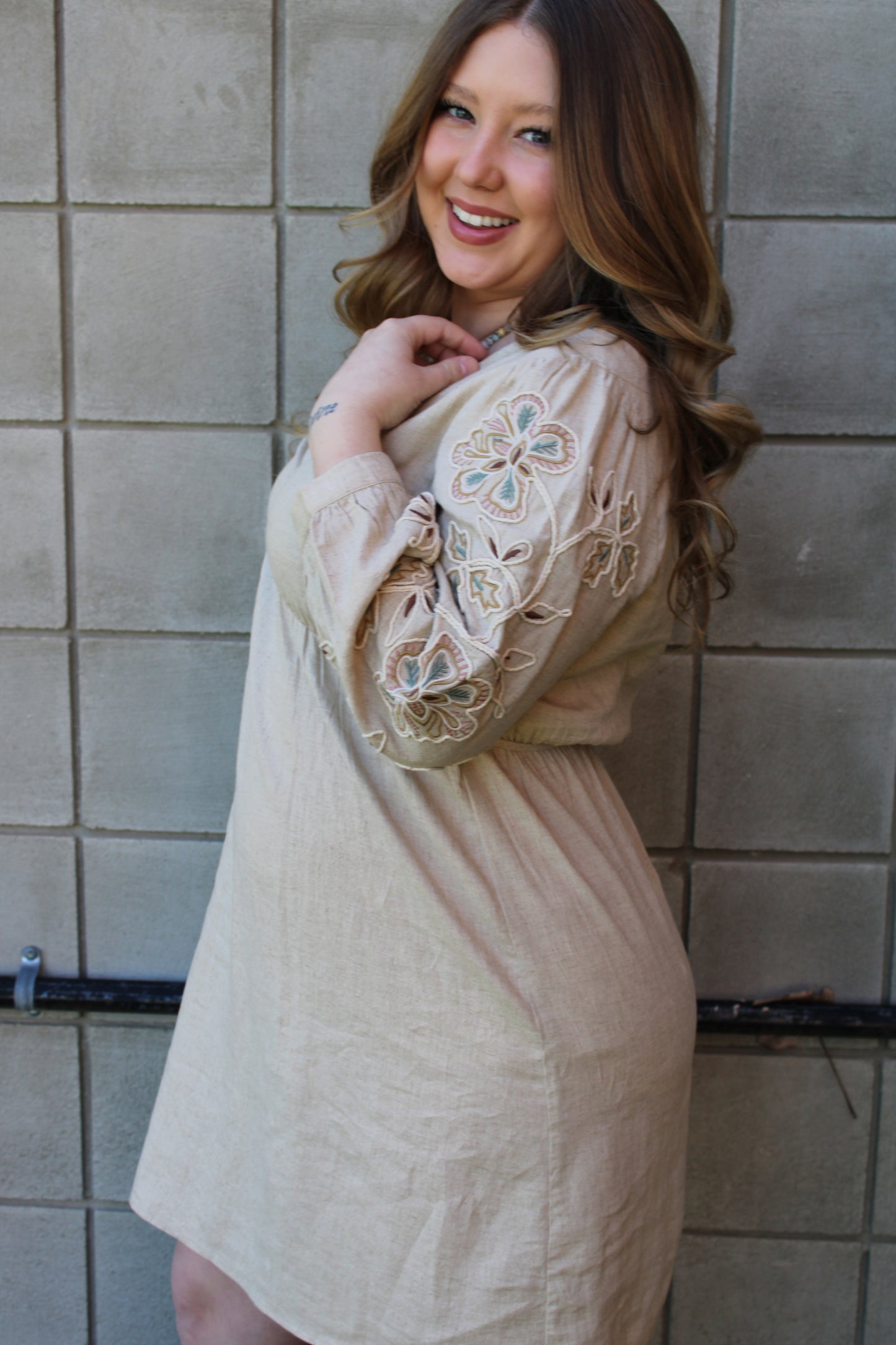 Natural 3/4 Embr. Sleeve V-Neck Mini Dress