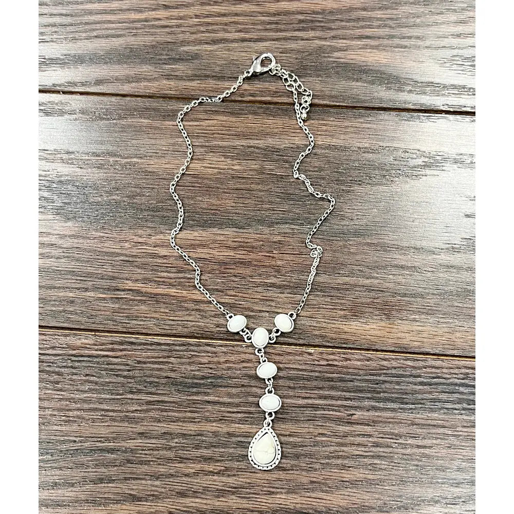 White Stone Teardrop Lariat Necklace