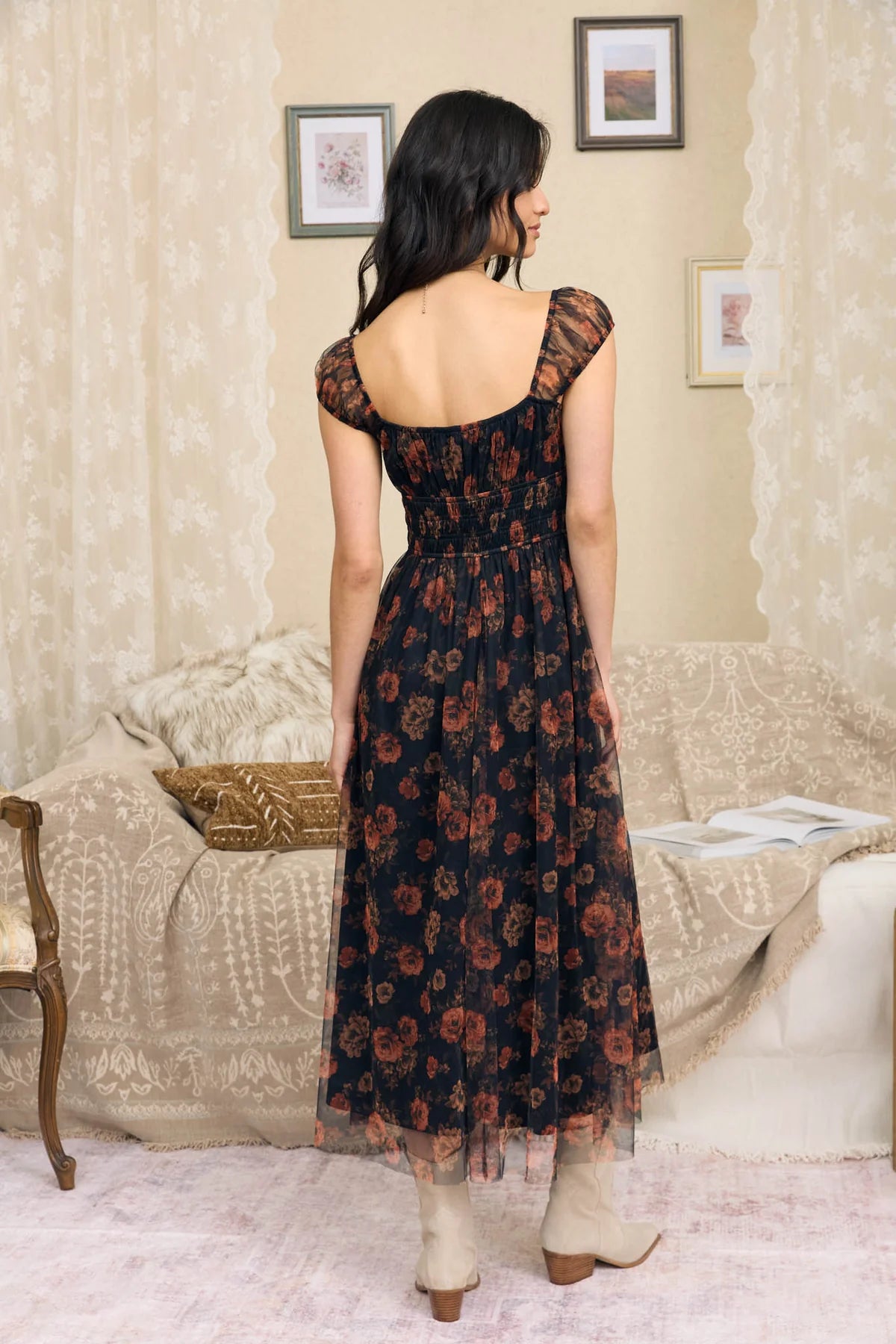 Midnight Rose Floral Mesh Maxi Dress