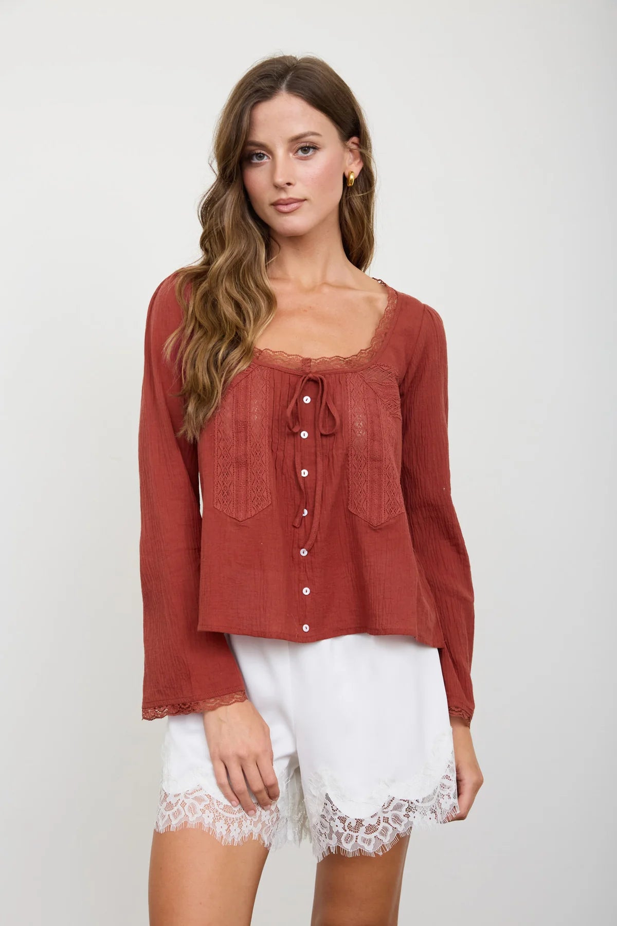 Brick Lace-Trim Button-Front Blouse