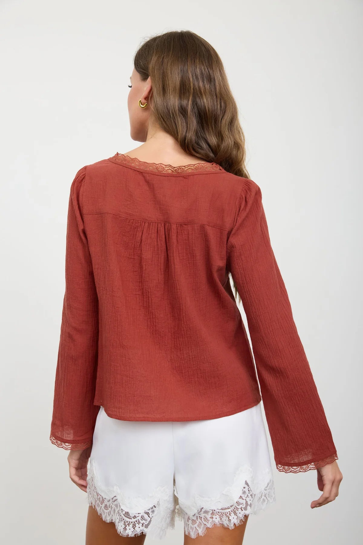Brick Lace-Trim Button-Front Blouse