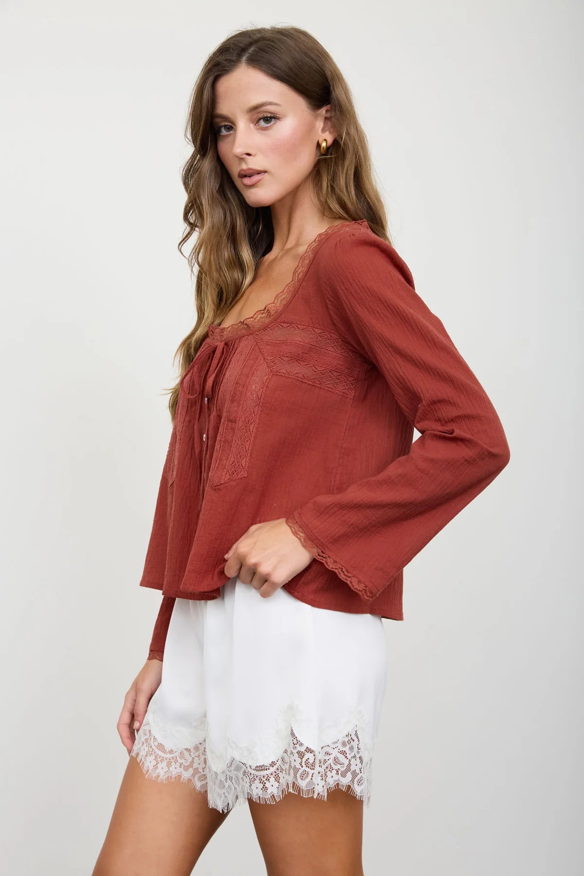 Brick Lace-Trim Button-Front Blouse