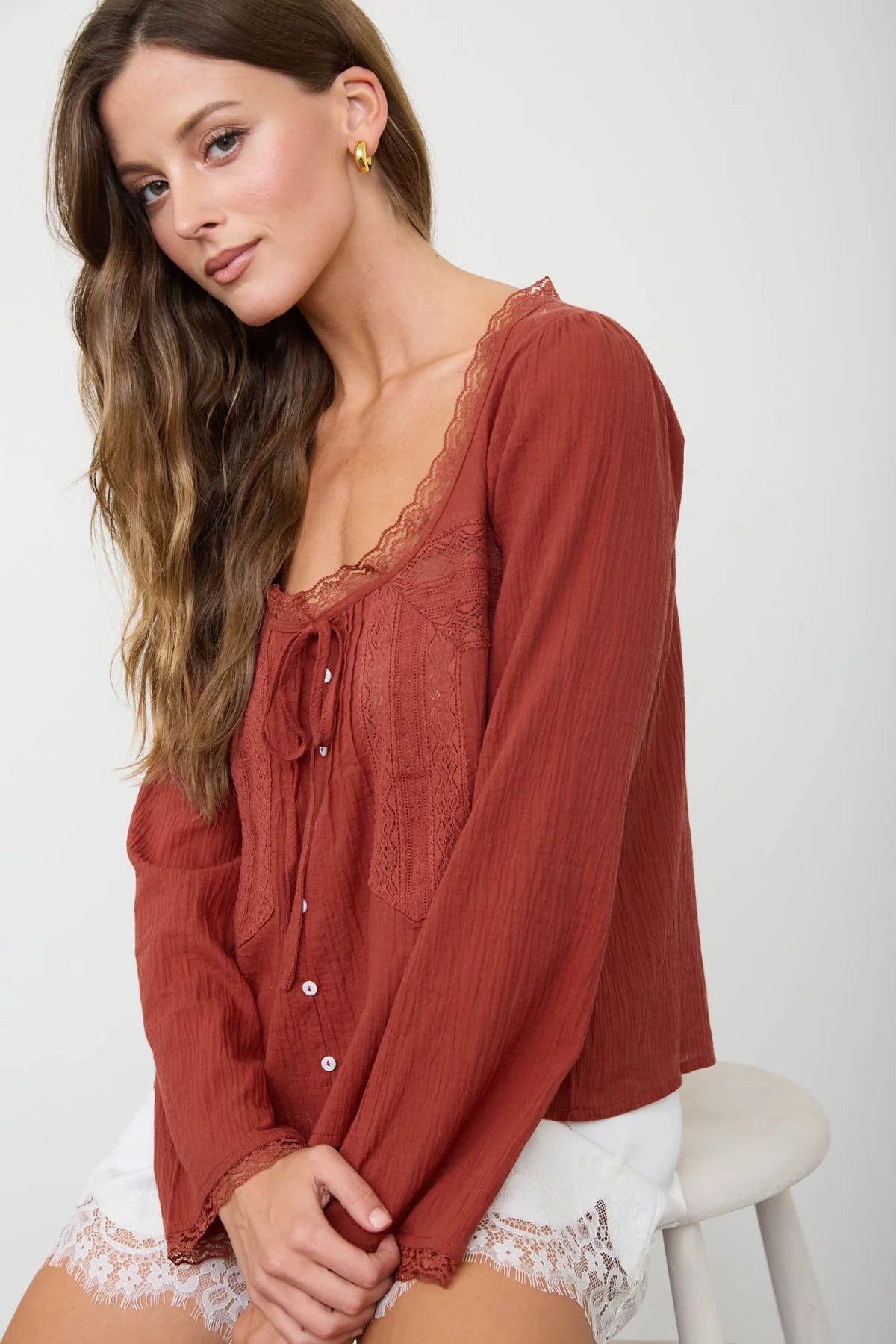 Brick Lace-Trim Button-Front Blouse