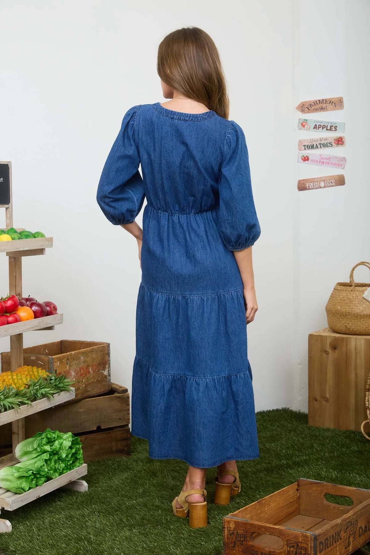 Front Tie Tiered Midi Denim Dress