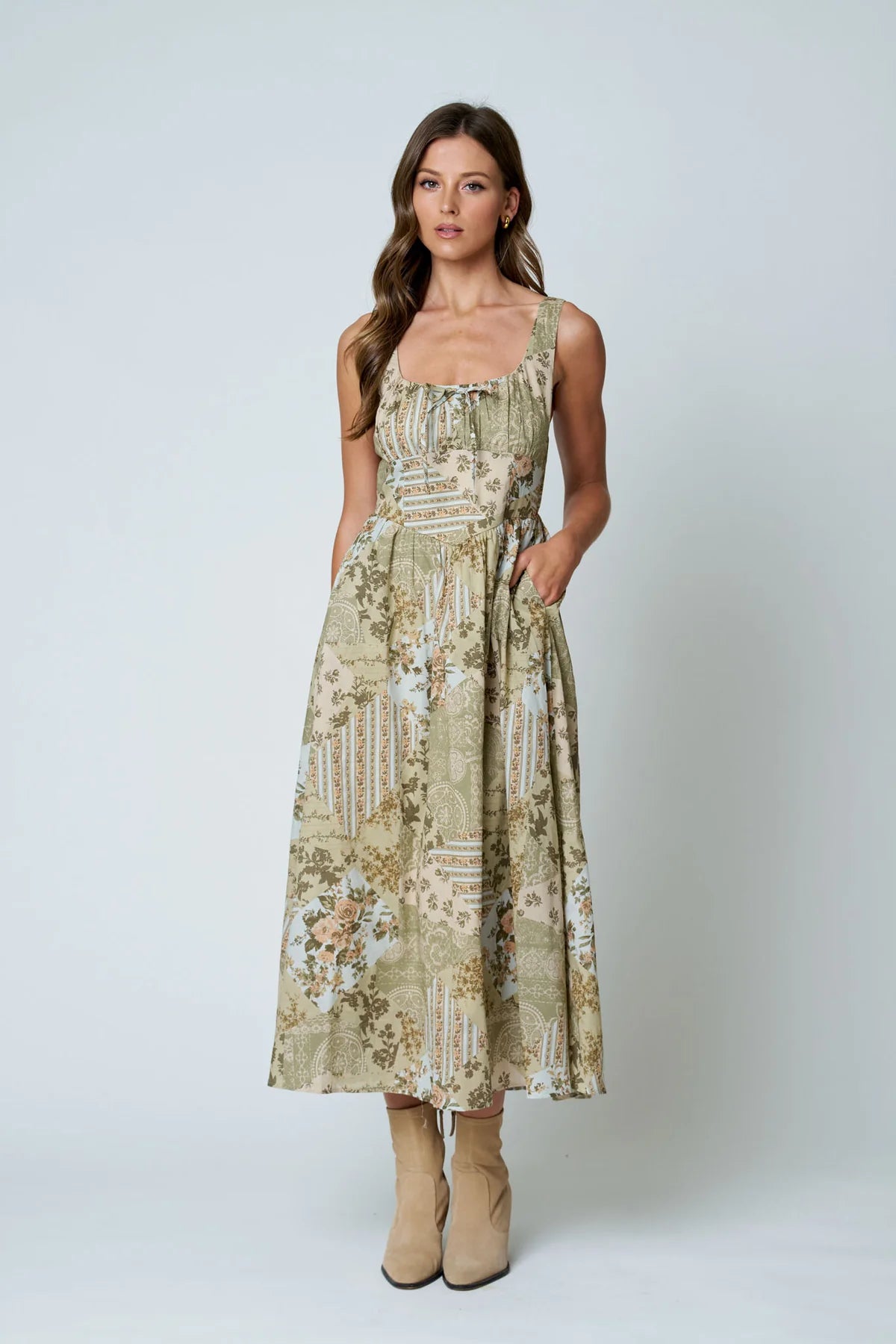 Olive Patchwork Floral Maxi Dress