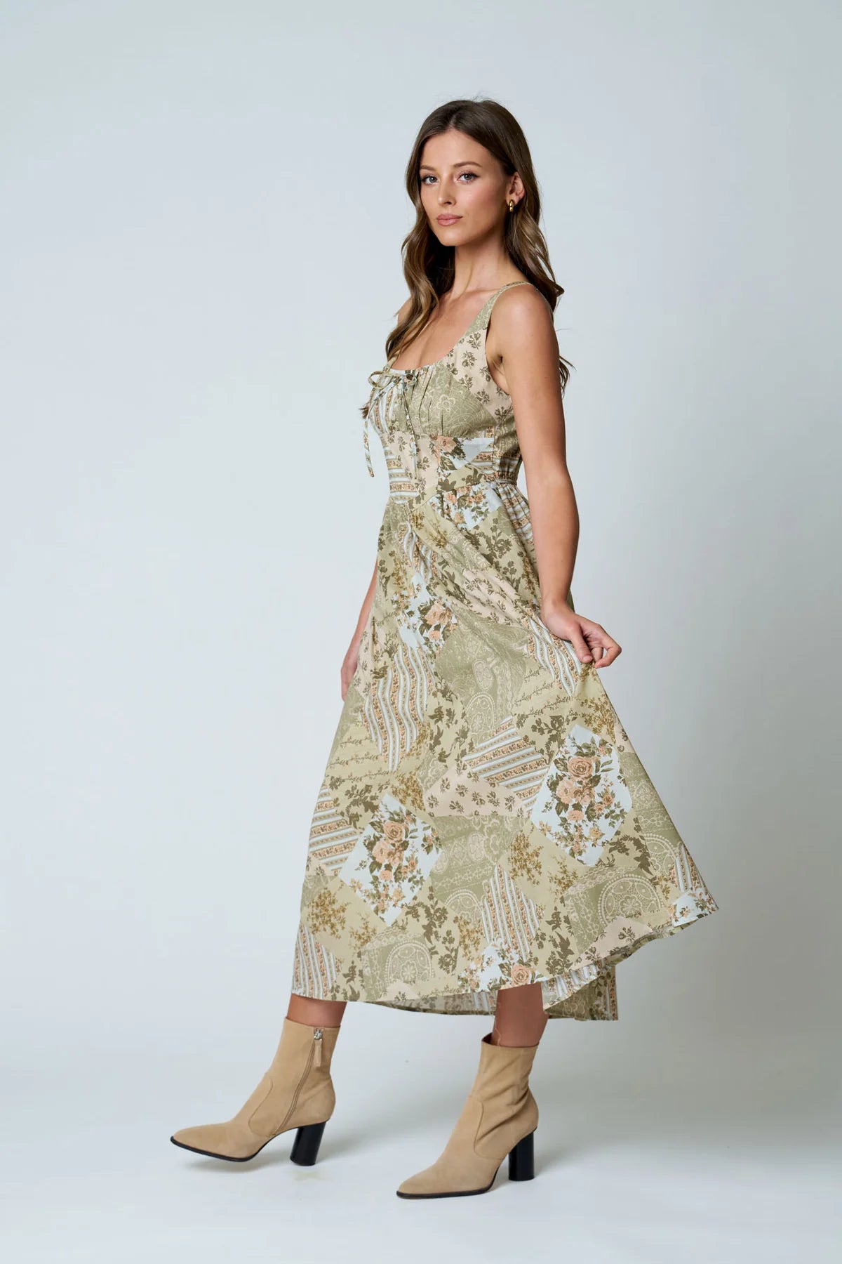 Olive Patchwork Floral Maxi Dress